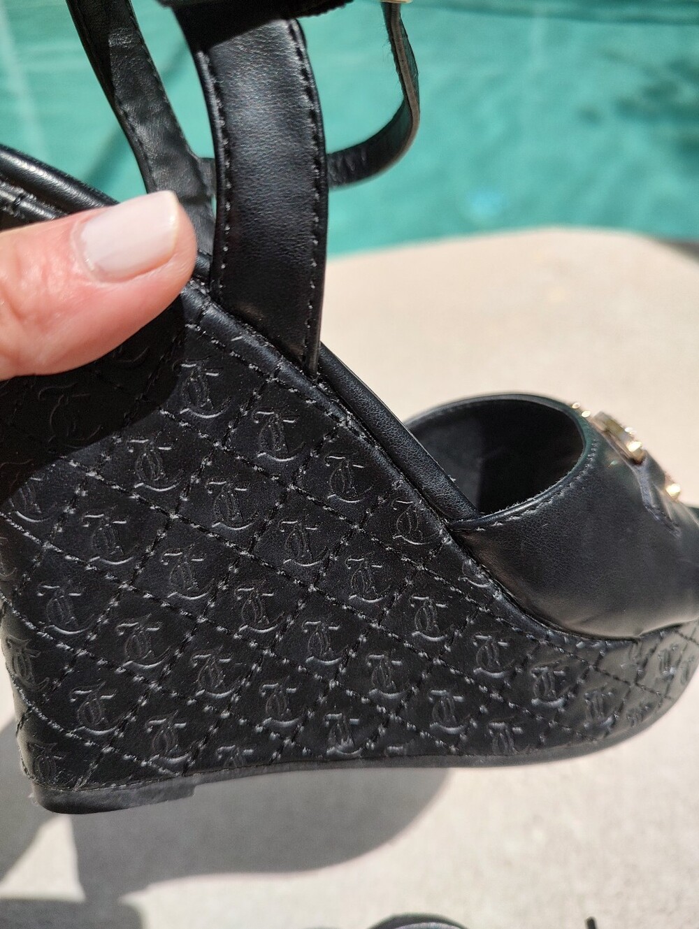 Juicy Couture Black Wedge Sandals with Ankle Strap - Picture 9 of 15
